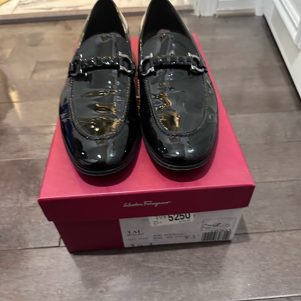 Salvatore Ferragamo Black Patent Leather Slip-On Loafers